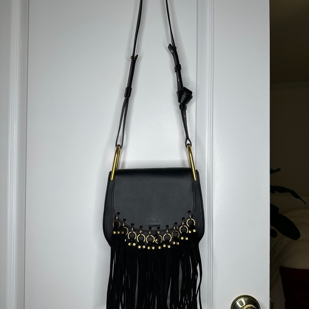 Chloe Black Leather Suede Fringe Gold Hardware Shoulder Crossbody Bag Excellent